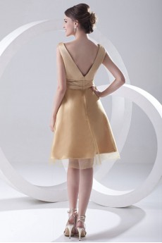 Satin and Net V Neckline A Line Short Dress with Sash