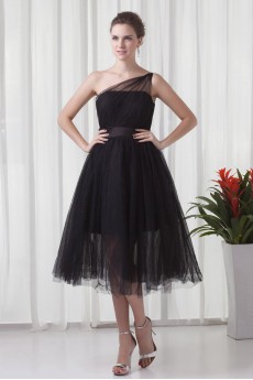 Net and Satin Tea-Length Dress with Sash