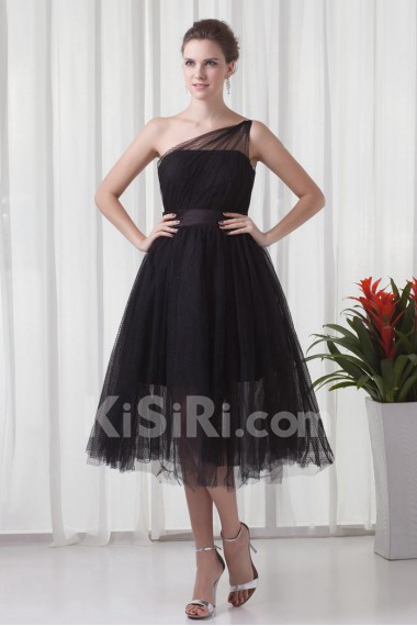Net and Satin Tea-Length Dress with Sash