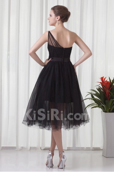 Net and Satin Tea-Length Dress with Sash