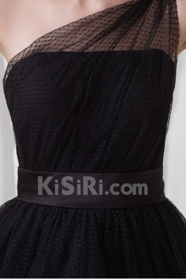 Net and Satin Tea-Length Dress with Sash