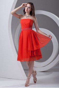 Chiffon Strapless Knee Length Dress with Sash