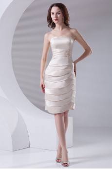 Satin Strapless Knee Length Dress with Embroidery