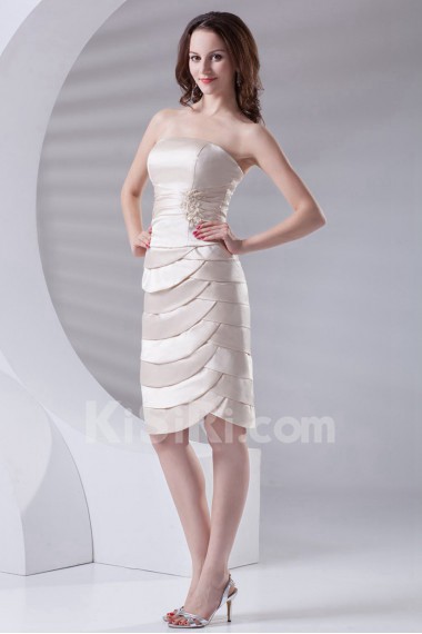 Satin Strapless Knee Length Dress with Embroidery