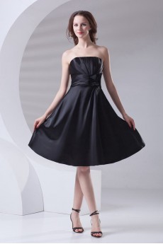 Satin Strapless Knee Length Dress with Hand-made Flower