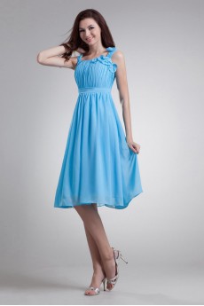 Chiffon Straps Knee Length Dress with Hand-made Flowers