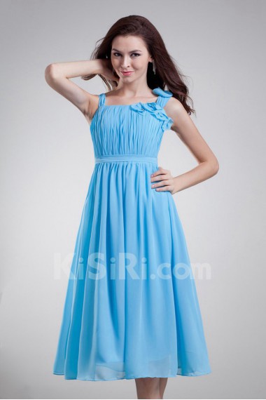 Chiffon Straps Knee Length Dress with Hand-made Flowers