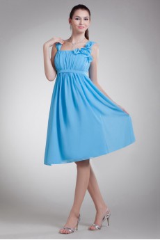 Chiffon Straps Knee Length Dress with Hand-made Flowers