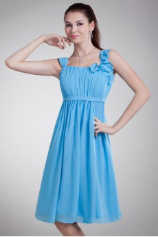 Chiffon Straps Knee Length Dress with Hand-made Flowers