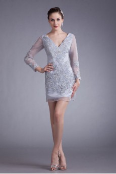 Organza V-Neck Short Dress with Embroidery