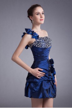 Taffeta One Shoulder Short Dress with Embroidery