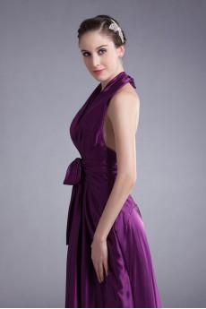 Satin V-Neck Column Dress with Sash