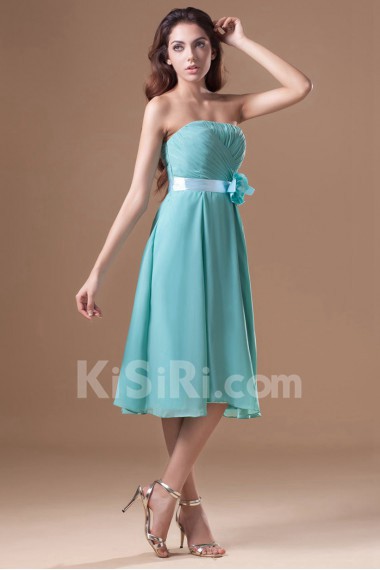 Chiffon Strapless Knee Length Dress with Sash