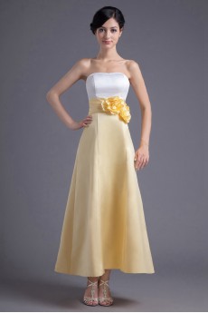 Satin Strapless A Line Ankle-Length Dress with Hand-made Flowers