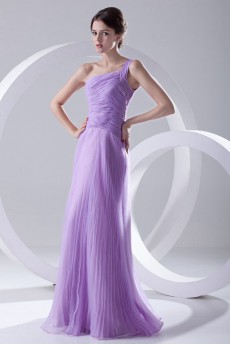Organza One Shoulder Long Dress with Crisscross Ruched Bodice