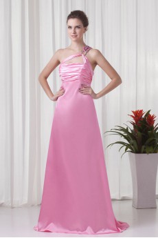 Satin One Shoulder A Line Dress with Directionally Ruched Bodice