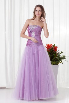 Net and Taffeta Strapless A Line Dress with Directionally Ruched Bodice