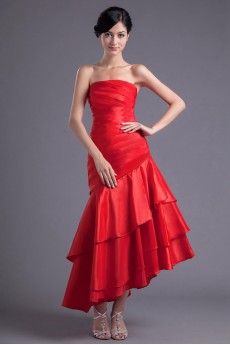 Satin Strapless Sheath Ankle-Length Dress with Gathered Ruched Bodice