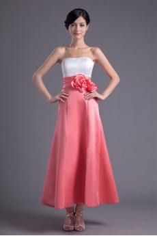 Satin Strapless A Line Ankle-Length Dress with Hand-made Flowers