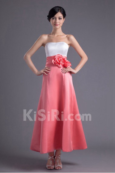 Satin Strapless A Line Ankle-Length Dress with Hand-made Flowers
