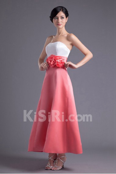 Satin Strapless A Line Ankle-Length Dress with Hand-made Flowers