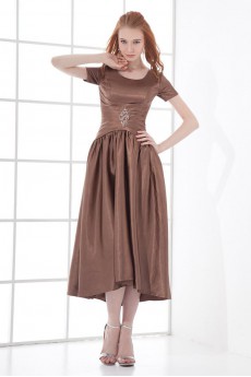 Satin Scoop Sheath Tea-length Short Sleeves Dress