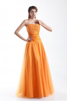 Taffeta and Net Strapless A Line Dress with Embroidery