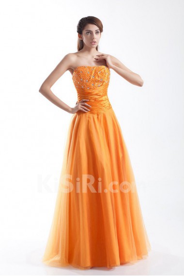 Taffeta and Net Strapless A Line Dress with Embroidery