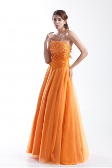 Taffeta and Net Strapless A Line Dress with Embroidery