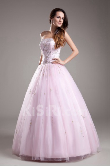 Net Strapless A Line Dress with Embroidery