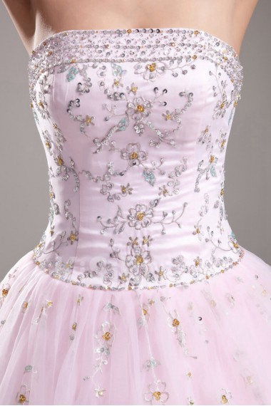Net Strapless A Line Dress with Embroidery