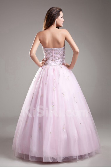 Net Strapless A Line Dress with Embroidery