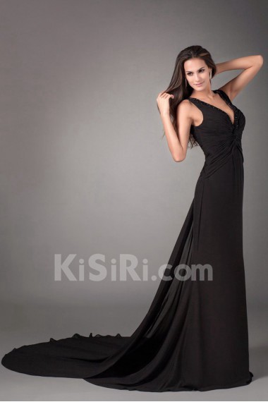 Chiffon V-Neck Sheath Dress with Embroidery
