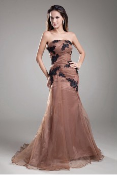 Organza Strapless Sheath Dress with Embroidery