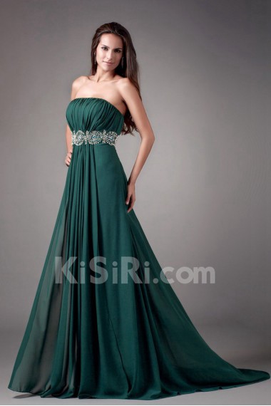 Chiffon Strapless Coloum Dress with Embroidery