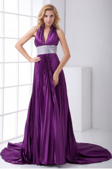 Satin V Neckline Empire Dress with Sash and Sequins