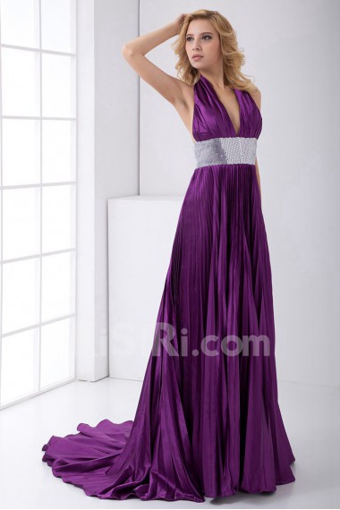Satin V Neckline Empire Dress with Sash and Sequins