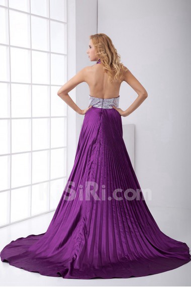 Satin V Neckline Empire Dress with Sash and Sequins