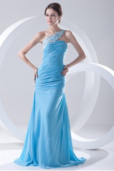 Chiffon One Shoulder Sheath Dress with Directionally Ruched Bodice