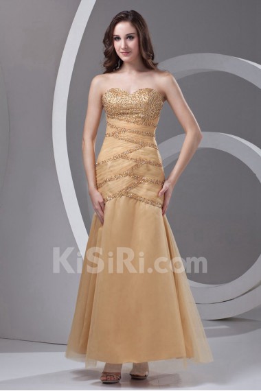 Satin and Net Strapless Sheath Dress with Embroidery