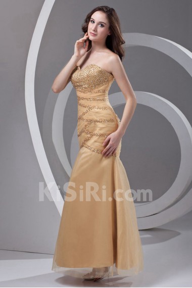 Satin and Net Strapless Sheath Dress with Embroidery