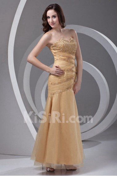 Satin and Net Strapless Sheath Dress with Embroidery