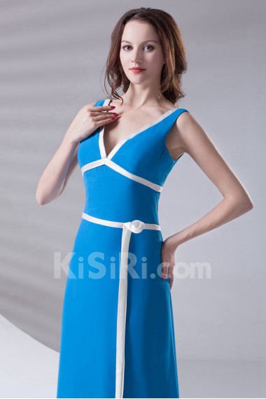 Satin V Neckline A Line Ankle-Length Dress with Sash