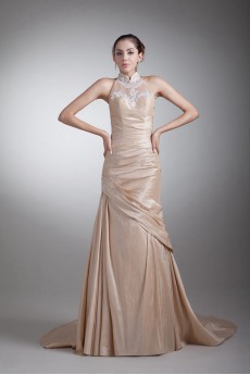 Taffeta High Collar Sheath Dress with Embroidery