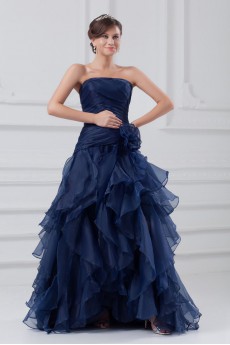 Organza Strapless A Line Dress with Hand-made Flower