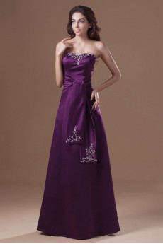 Satin Strapless A Line Dress with Embroidery