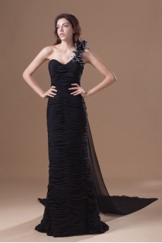 Chiffon One Shoulder Sheath Dress with Directionally Ruched Bodice