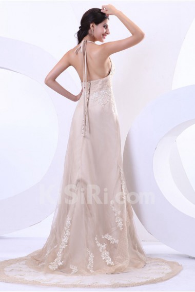 Satin Tulle Halter Neckline A-Line Dress with Embroidery