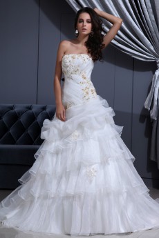 Satin and Organza Strapless A-line Dress with Beaded