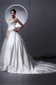 Satin Round Neckline Ball Gown with Embroidery 